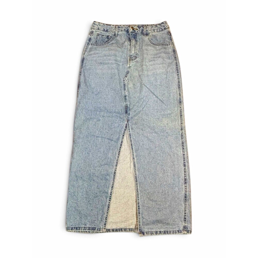 Austen & Brown Light Wash Denim Maxi Skirt Front Slit High Waisted Women’s M